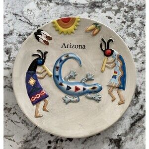 8.5" Kokopelli Raised Figures Arizona Dish Bright Colors Dancing Figures Gecko
